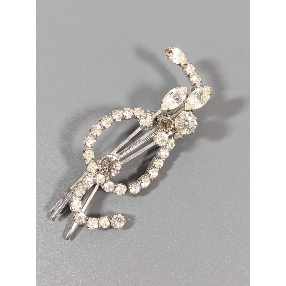 Vintage Clear Rhinestone Floral Bouquet Leaf Silver Tone Brooch Paste‎ Pin Spray